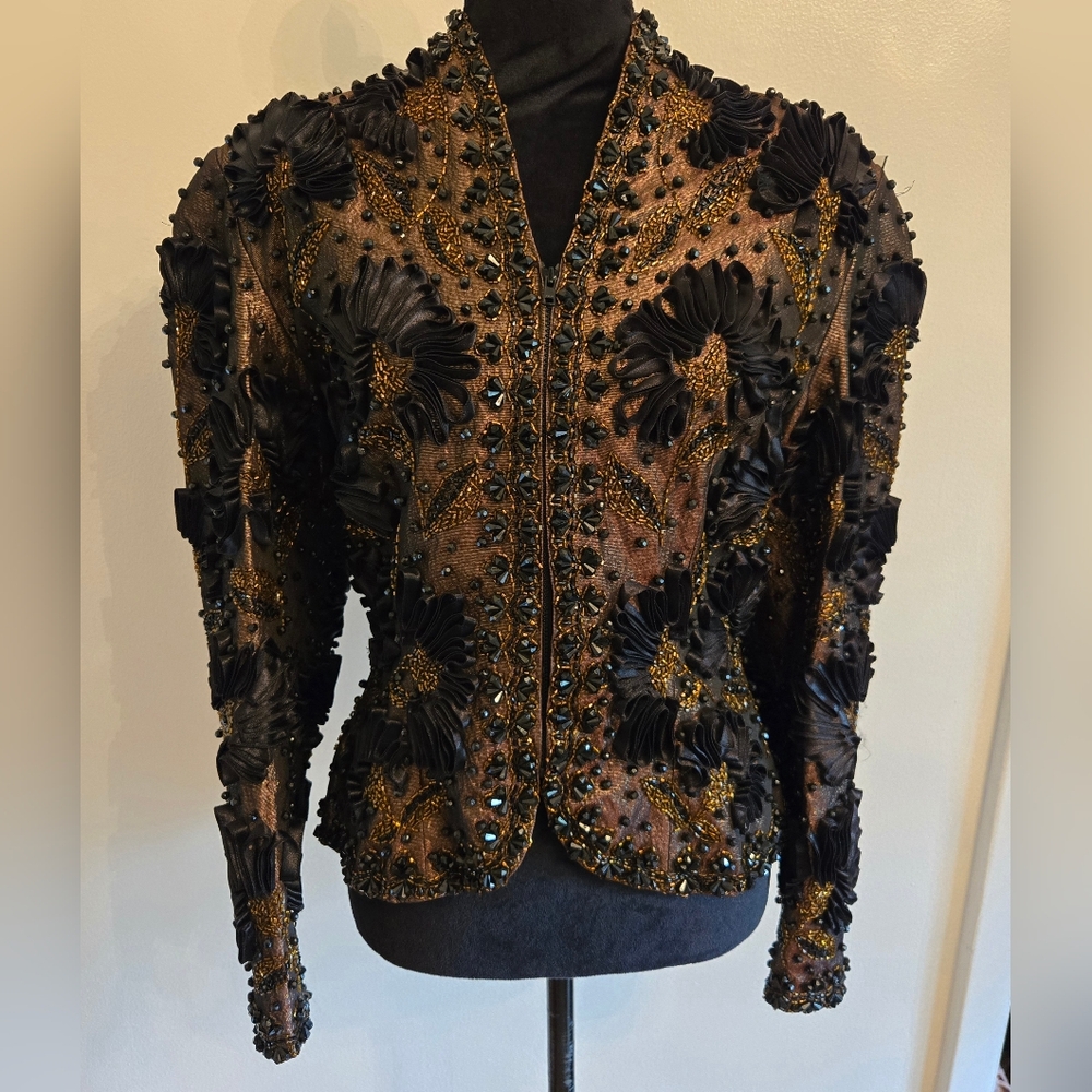 Vintage 80s Black Tie He-Ro Industries Beaded Evening Jacket Soutache Size 8